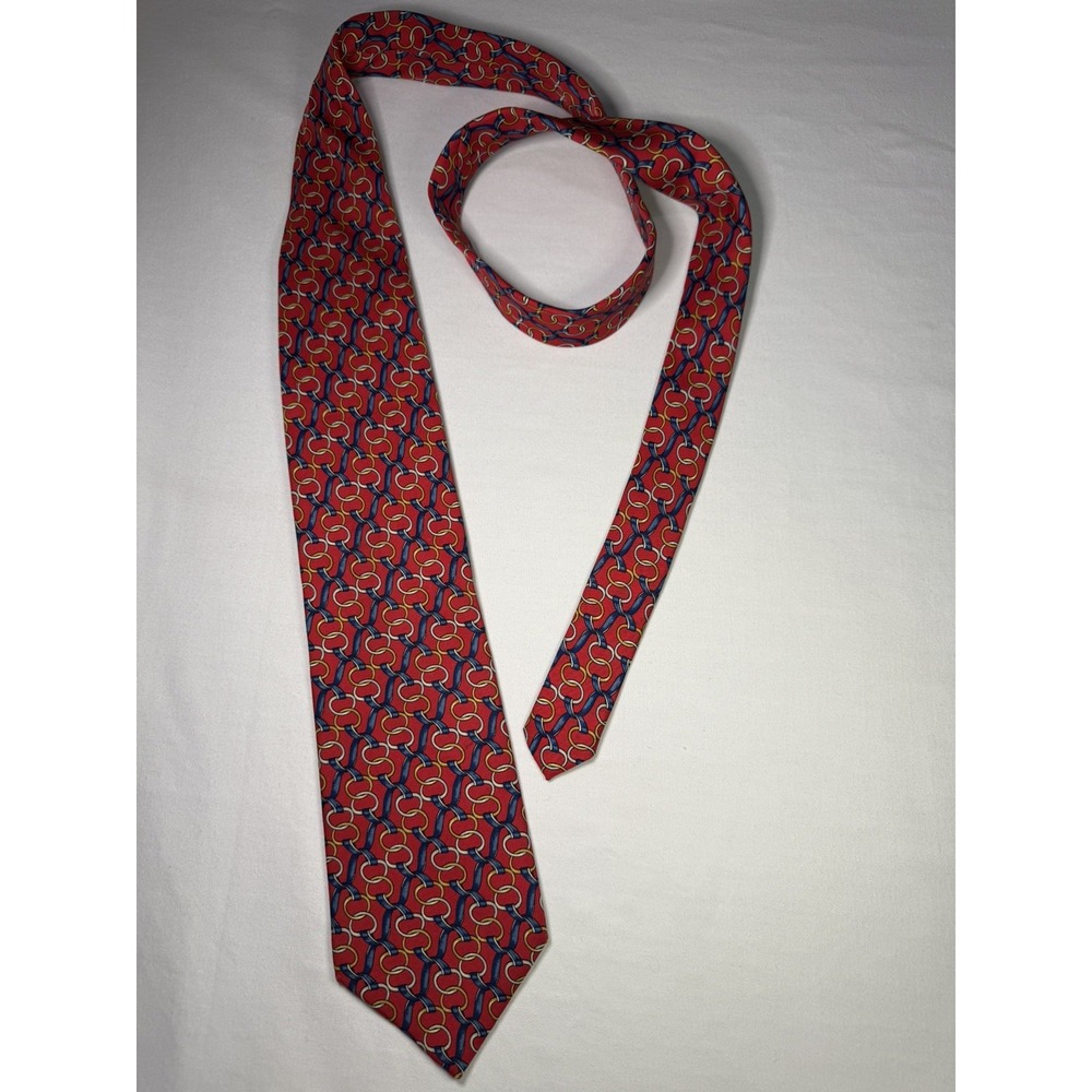 Jos A Bank silk tie red blue gold interlocking chain design